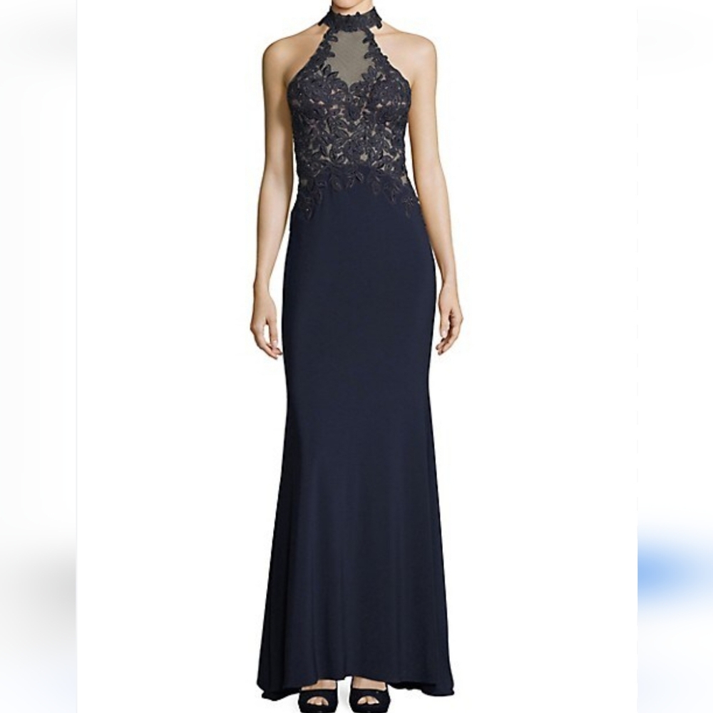 Xscape navy blue halter neck backless jersey embroidered gown dress 12